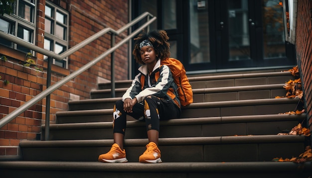 Elegancia diversa Niña escolar adolescente africana en blanco y negro y naranja