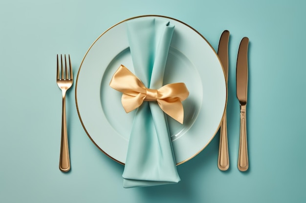 Elegancia dorada Un impresionante decorado de mesa con cubiertos y servilletas doradas en una mesa azul claro