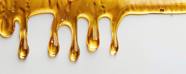 Elegancia dorada de primer plano de aceite goteante sobre un fondo blanco