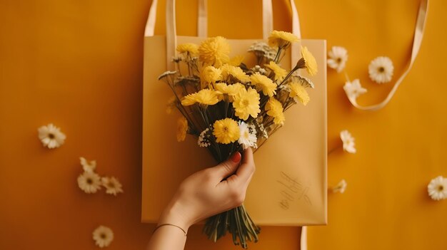 Foto elegancia ecológica una naturaleza muerta sostenible con flores bolso de cuerda y la mano de una mujer