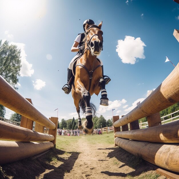 Foto elegancia ecuestre capturando la gracia y el poder de los caballos de salto en esplendor deportivo