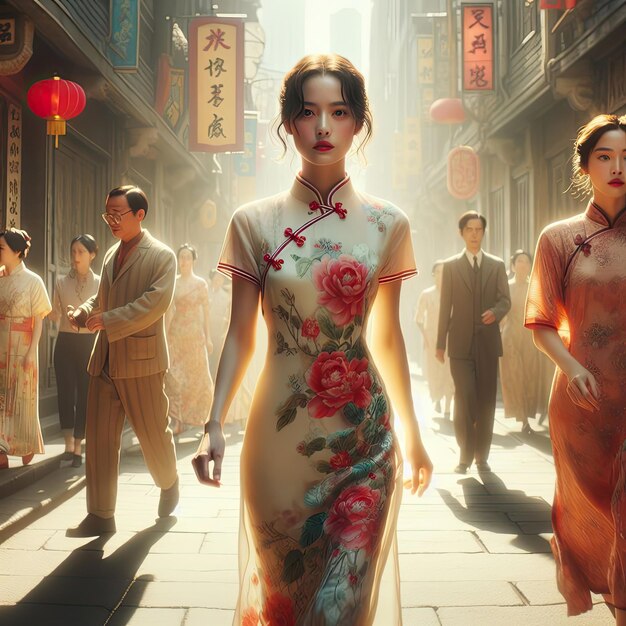 Elegância em meio à paisagem urbana Mulher chinesa dos anos 1930 com cheongsam e IA generativa