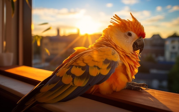 Elegancia emplumada Un loro acicalándose al atardecer