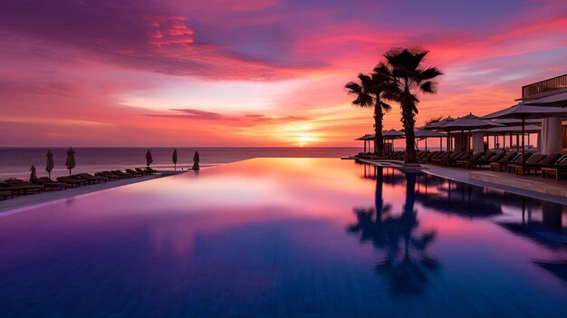 La elegancia se encuentra con el horizonte Lujosa piscina infinita al atardecer