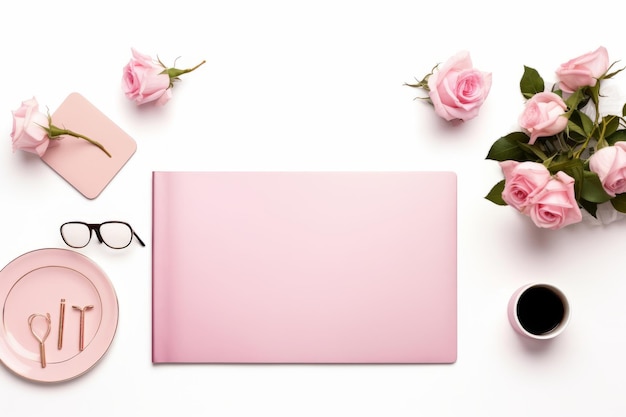 Foto elegancia femenina un escritorio estilizado para mujeres adornado con accesorios de moda y delicias florales