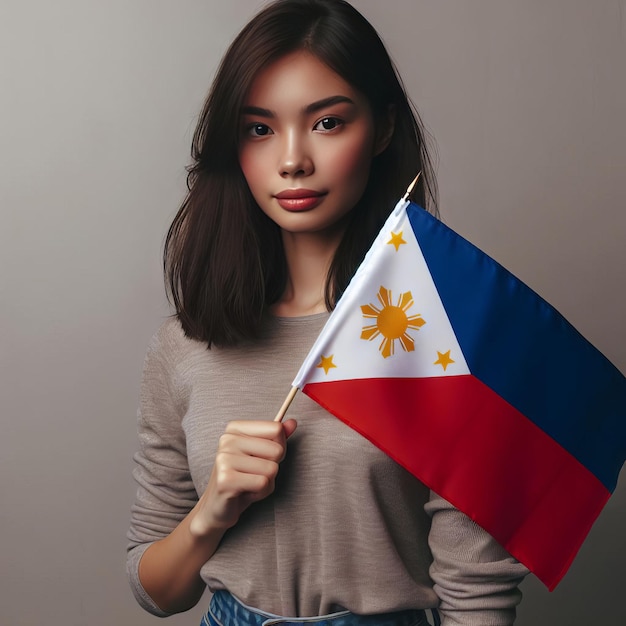 Elegancia filipina sosteniendo la bandera con dignidad