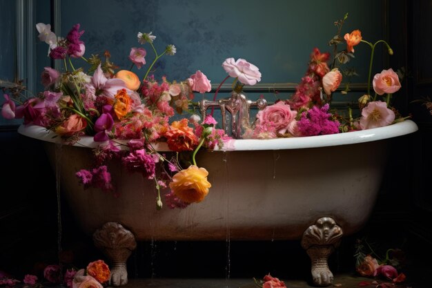 Foto la elegancia en flor un cautivador conjunto de flores que adornan un baño