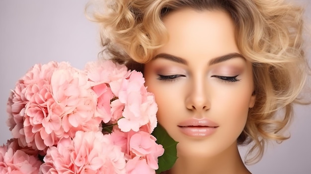 Elegancia floral Mujer joven con flores sobre fondo blanco sólido