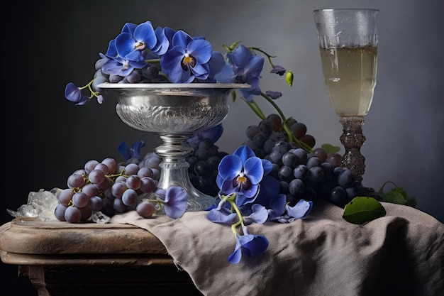 Elegancia frágil Un cautivador viaje a través de la naturaleza muerta con un recipiente de vidrio y violetas azules silvestres