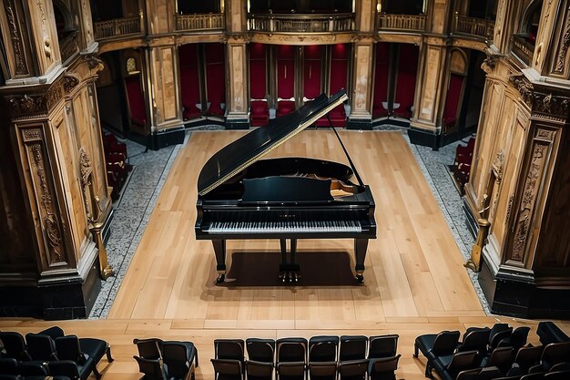 Elegancia histórica Vista superior de la sala de conciertos con piano de cola negro