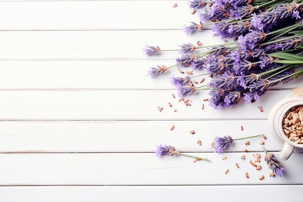 Foto elegancia de lavanda en fondo de mesa de madera blanca telón de fondo con espacio de copia creado con generativo