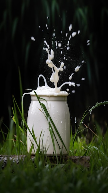 Elegancia lechosa Impresionante toma de un bote de leche con un chorro de leche fresca en cascada