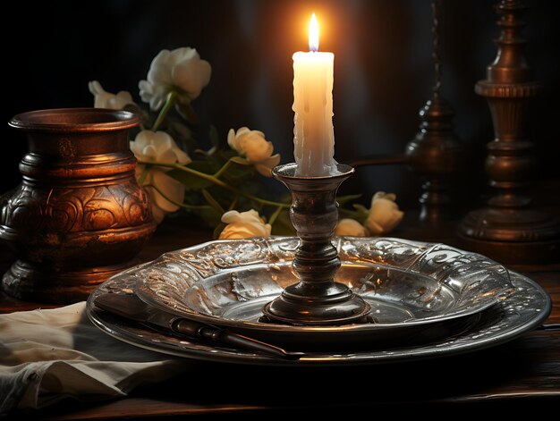 Foto elegancia a la luz de las velas foto en blanco y negro con efectos de tenebrismo iluminación hábil