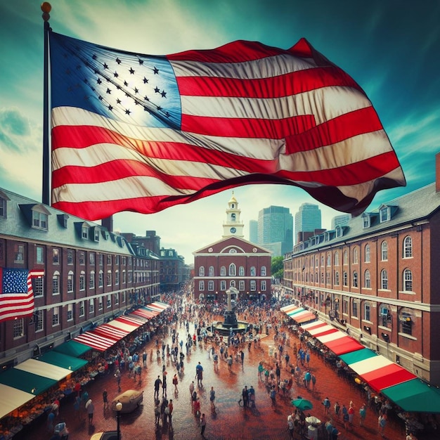 Foto elegancia del mercado el dúo dinámico de la bandera estadounidense y el icónico faneuil hall de boston