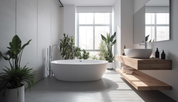Elegância moderna em um banheiro claro e limpo com luminárias de luxo geradas por IA