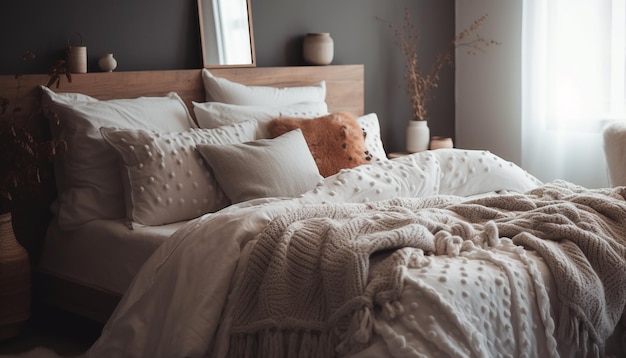 Elegância moderna em um quarto aconchegante com roupas de cama luxuosas e decoração gerada por IA