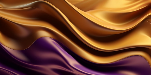 La elegancia en movimiento de las ondas 3D crea un fondo abstracto con un gradiente dorado y púrpura brillante que se asemeja a la tela de seda