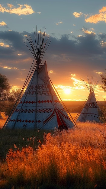 Foto elegancia nativa teepee en las praderas de américa del norte al atardecer tape de pared móvil vertical