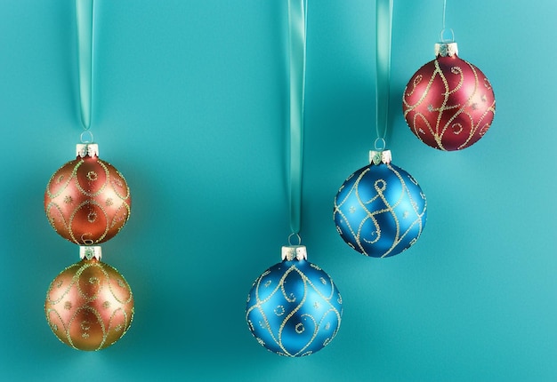 Elegancia navideña Coloridos adornos de bolas de Navidad colgando sobre fondo azul