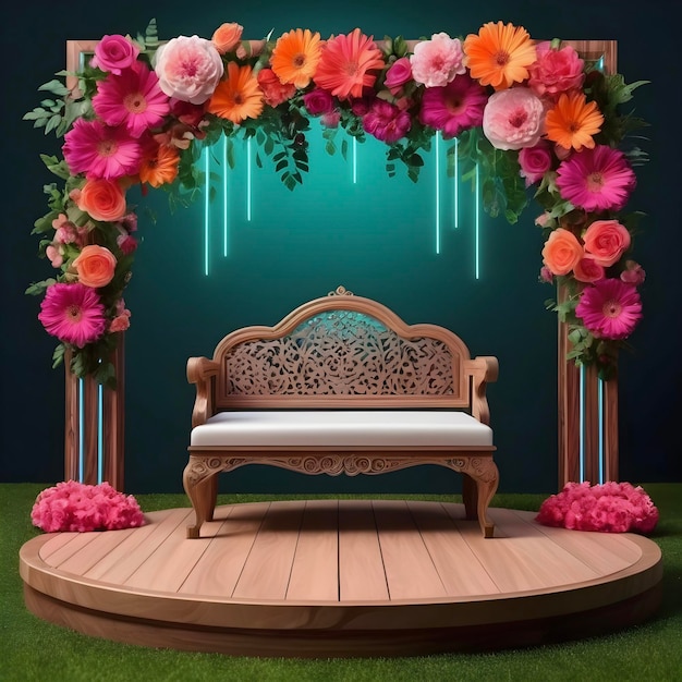 Elegancia nocturna sofá de madera en el escenario de la boda iluminado con luz de neón y decoración de flores