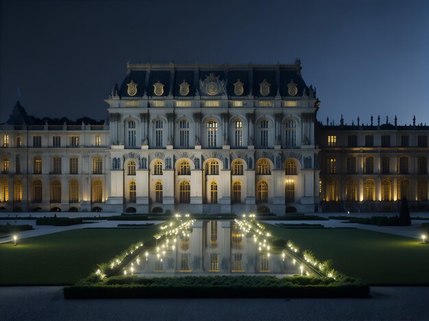 Elegância noturna com vistas cativantes do Palácio de Versalhes iluminado