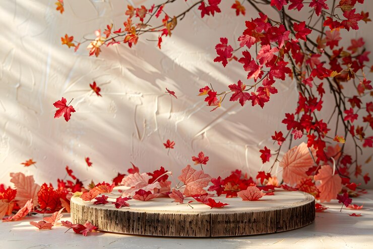 Elegancia de otoño Una exhibición serena de hojas rojas en un rústico soporte de madera