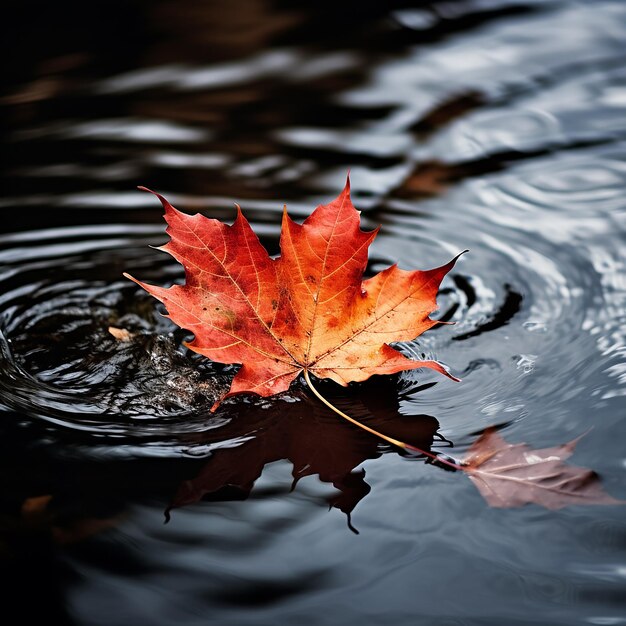 La elegancia de otoño de la hoja de arce en un oscuro agua de otoño