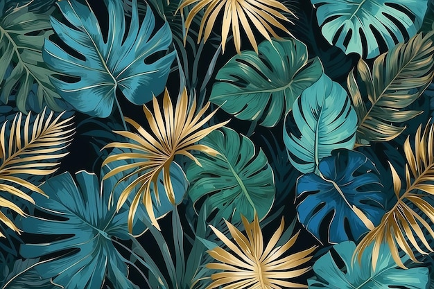 Elegancia de la palma dorada Arte botánico de lujo abstracto Hojas exóticas azules y verdes para papel tapiz Impresión textil