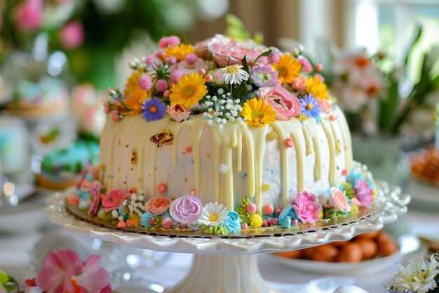 La elegancia de la Pascua en un plato Un pastel impresionante decorado con helado vibrante