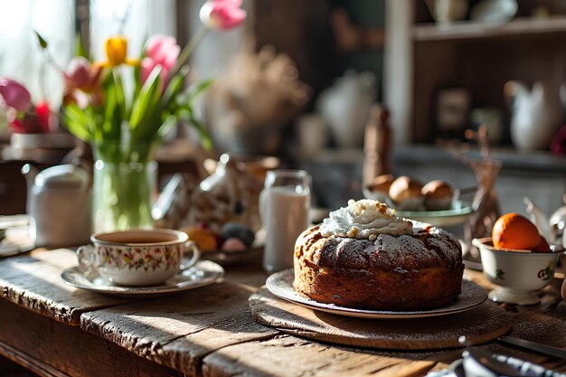 Elegancia de Pascua revela mesa de brunch con frutas frescas y pastel delicioso