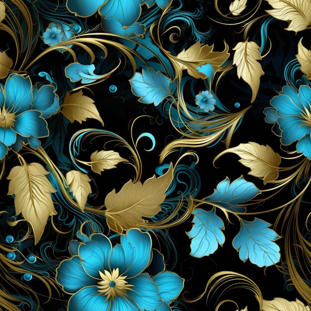 Elegância perfeita da sinfonia floral azul e dourada em preto