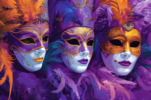 La elegancia personificaba estas máscaras de mascarada en púrpura y oro con plumas y diseños intrincados