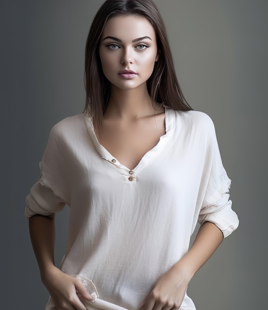 Elegância Personificada Modelo Feminino em Camisa Branca Inspirada em Poses Clássicas