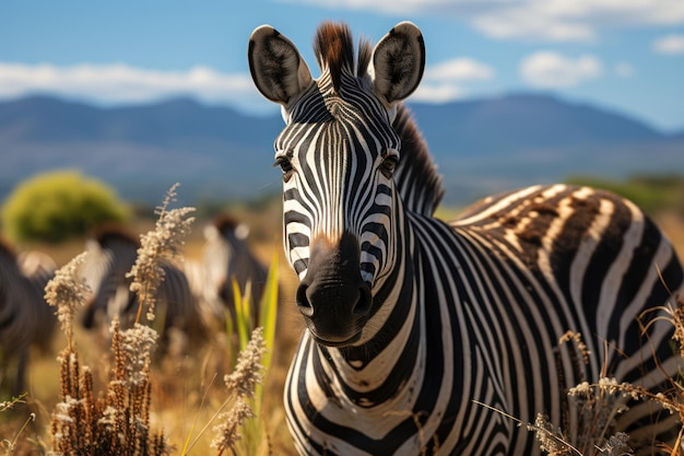 Elegância Radiante Uma Majestosa Zebra Se Aquece no Campo SunKissed IA Gerativa