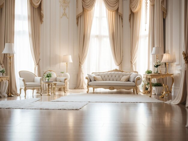 Foto elegancia redefinida en el interior de una habitación espaciosa con graciosas cortinas