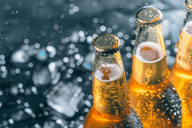 Elegancia refrigerada Botellas de cerveza fría en burbujas efervescentes de hielo que elevan un brindis por el refresco