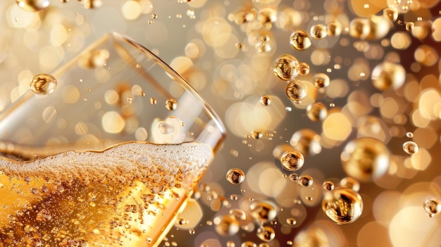 Elegancia reluciente Primer plano de burbujas de champán en vidrio dorado que simbolizan el lujo y la celebración