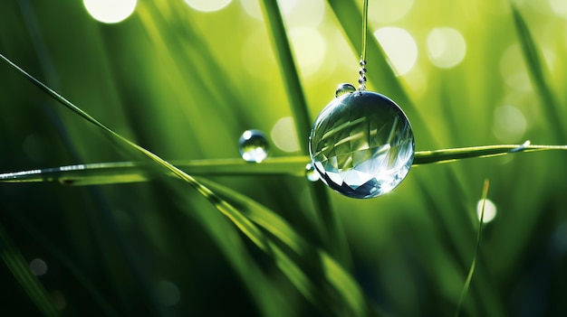 La elegancia del rocío matinal hermosa gran gota en la hierba