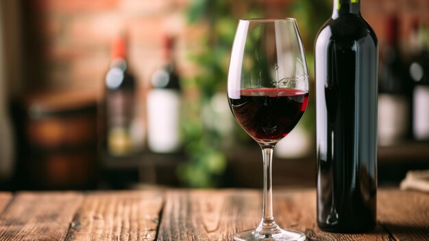 La elegancia del rojo Un cautivador dúo de botella oscura y vino rojo