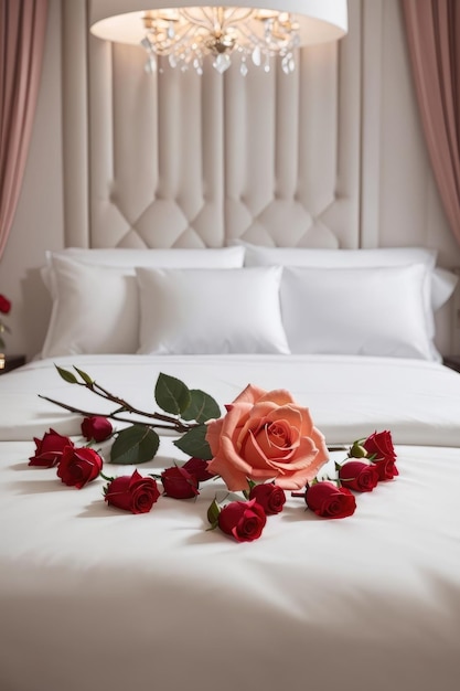 Elegancia romántica Una sola rosa adorna una lujosa suite de hotel