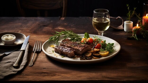 Foto elegancia rústica una comida gourmet moderna puesta en una mesa de madera