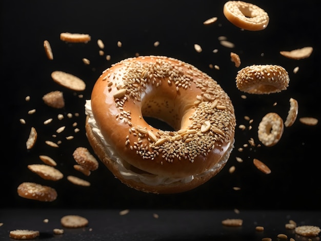 Elegancia de las semillas de sésamo Bagel volador sobre un fondo negro