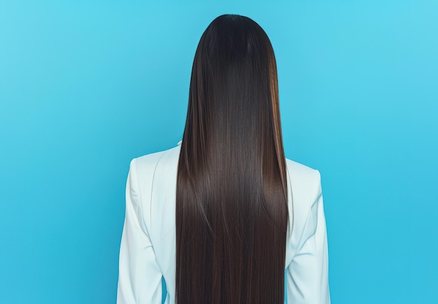 Elegancia en simplicidad largo cabello marrón sedoso sobre un fondo azul brillante
