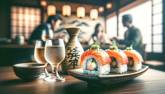 Elegancia de sushi con acentos tradicionales de sake