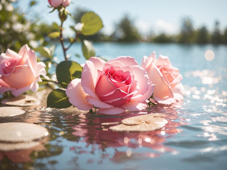 Elegancia de verano rosa flores en agua brillante