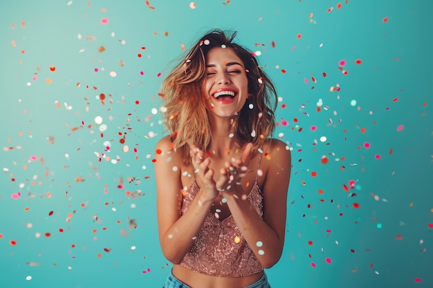 Foto elegancia vibrante mujer que establece tendencias celebra con confeti