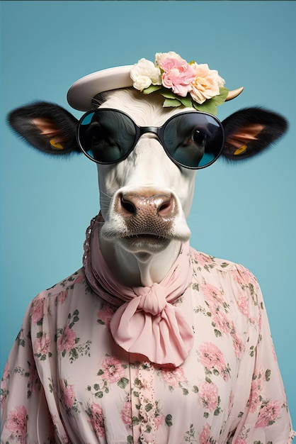 Elegant Bovine VictorianClad Cow in Pastellfarben Minimalistisches Design Blauer Hintergrund