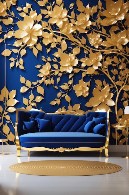 Elegant Flourish A Regal Floral Tree en dorado y azul real