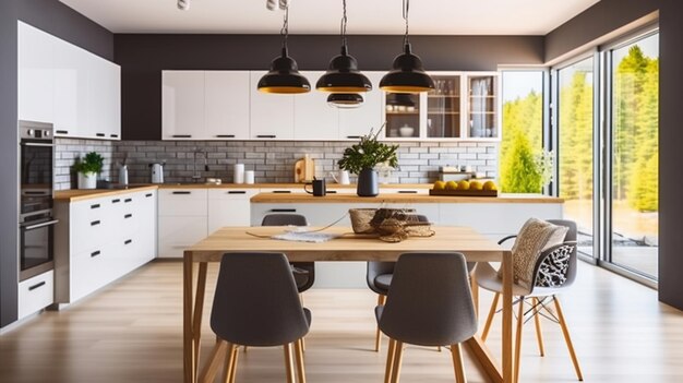 Elegant Fusion revela la interacción elegante del diseño en una cocina moderna con la IA generativa de la mesa de comedor