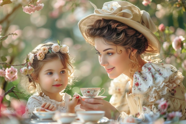 Elegant gekleidete Mutter und Tochter genießen im Frühling eine charmante Teeparty im Freien, umgeben von blühenden Blumen, und teilen einen entzückenden Moment